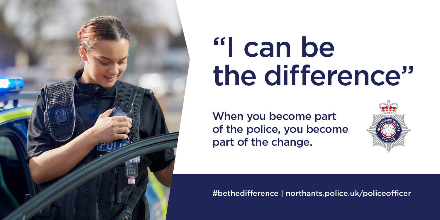 Northamptonshire Police event poster featuring a female officer outside on her radio.