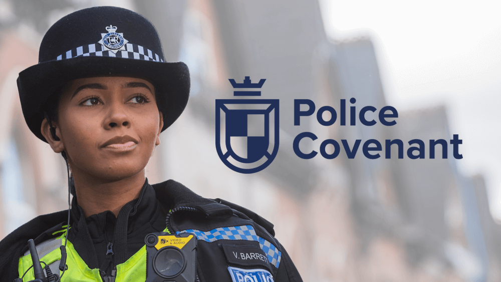 Police Covenant logo and background image of female police officer.